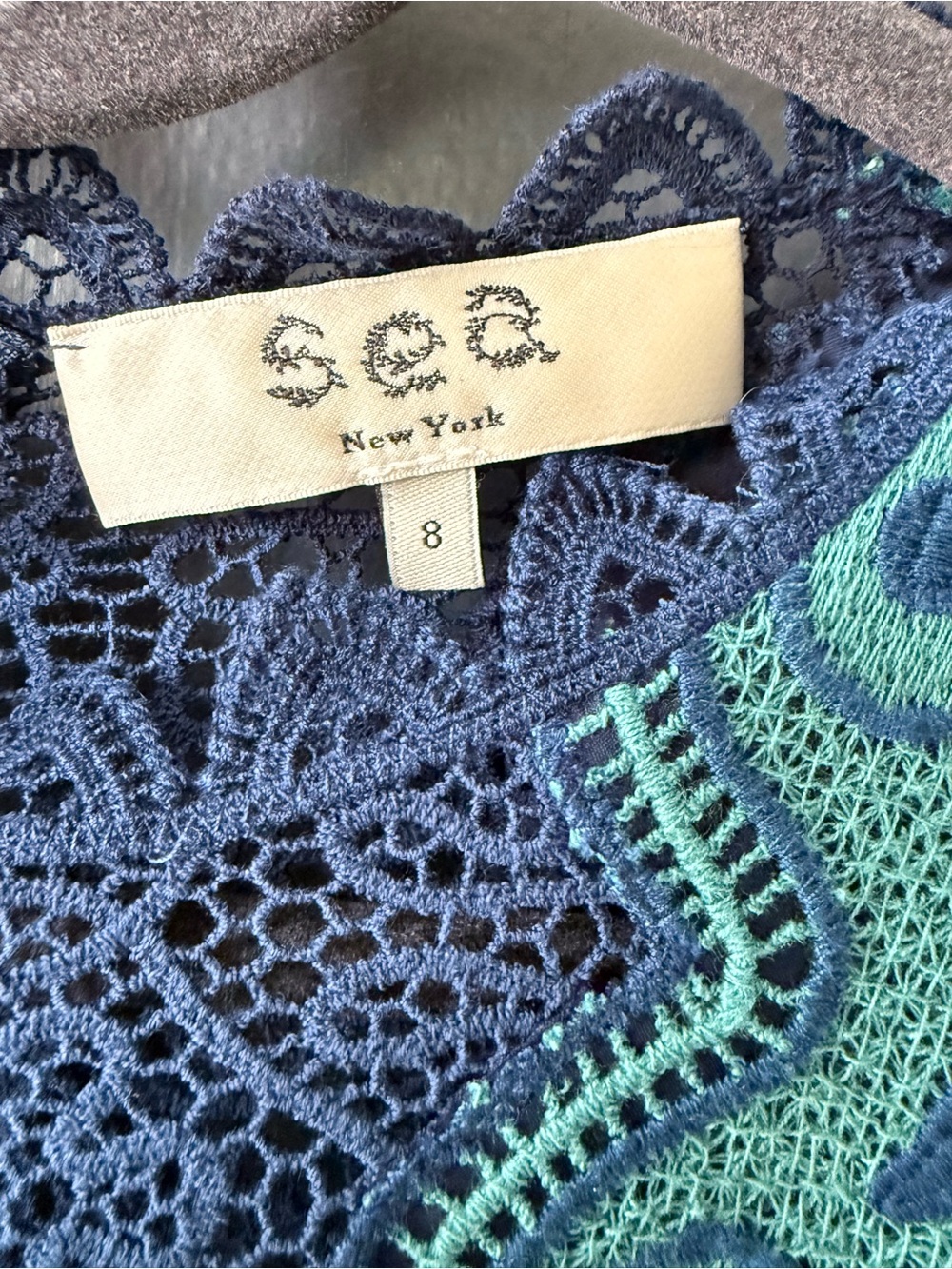 Sea New York Teal Navy Lace Mini Dress Size 8 Crochet Asymmetrical Boho Cocktail - Picture 9 of 11
